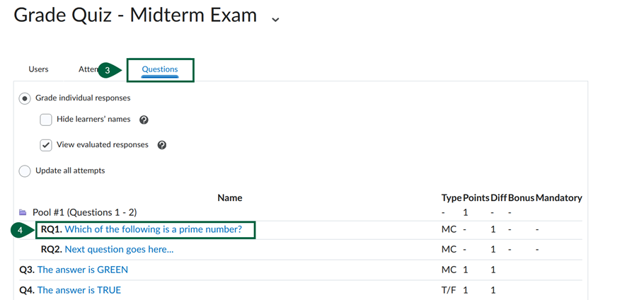 Manually Grading Quiz Questions