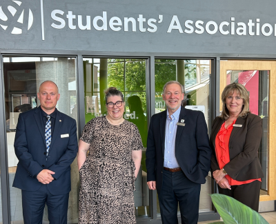 Ben Bridgestock, Pari Johnston, Claude Brule and Laura Stanbra tour the SA as part of Pari's visit to Algonquin College.