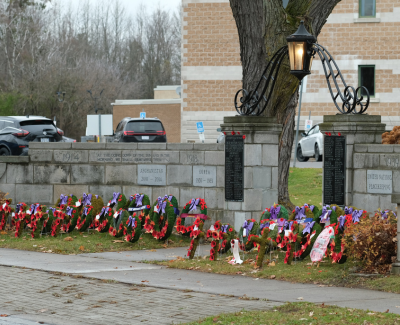 wreaths laid out in Perth Ontario outside Memorial Hospital